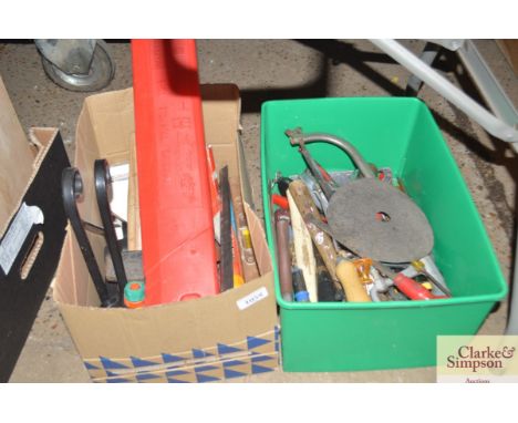 Two boxes of various tools, Hoselock accessories etc.
