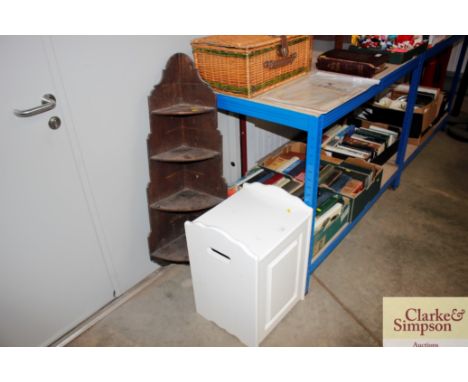 A white painted linen box and a graduated oak corner shelf