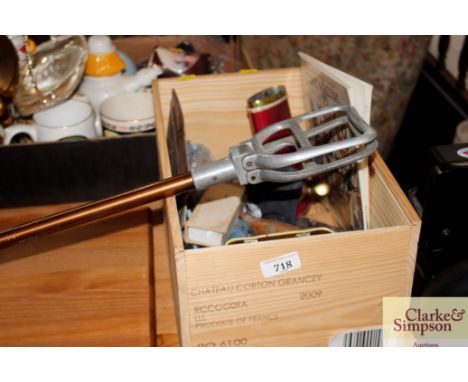 A wooden box and miscellaneous contents including tools and a shooting stick  