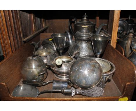 An assortment of household silver plated items, to include a teapot, tea caddy, sugar bowls, etc