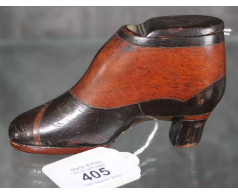 A Victorian wooden treen snuffbox in the form of a lady's button boot, as found