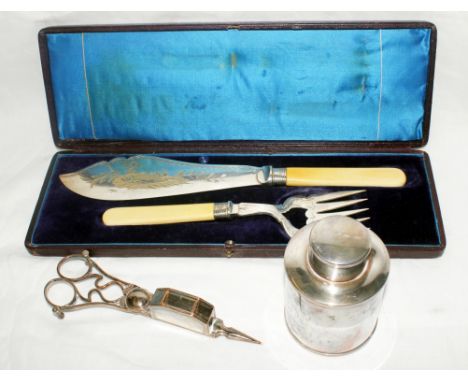 A silver plated fish server and fork in presentation case, a cylindrical tea caddy by Harrison's and Son and a candle snuffer