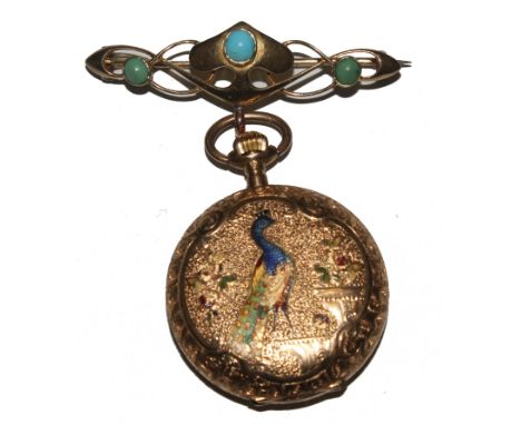 A lady's 14 carat gold and enamel hunter fob watch suspended from a turquoise bar brooch 