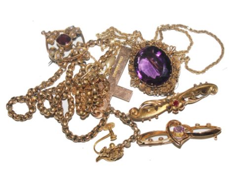 A miscellaneous collection of gold jewellery, to include cross and chain, amethyst jewellery, etc