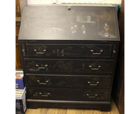 A Georgian-style lacquered bureau with profuse hand painted Japanese allegorical scenes, fold down lid, fitted interior over 