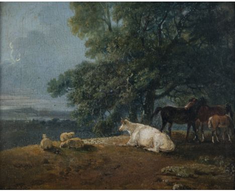 George Barret RA (1730-1884)Horses, Sheep and a Cow in LandscapeOil on panel, 13.5 x 16.75cm (5.25 x 6.5)Inscribed 'Landscape