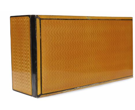 ART DECO SILVER AND GUILLOCHE ENAMEL CIGARETTE BOX maker P H Vogel & Co., London 1924, of oblong form, decorated with orange 