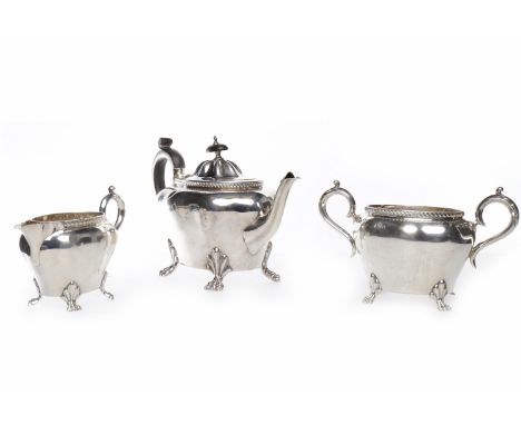 SILVER THREE PIECE BACHELOR'S TEA SERVICE maker William Adams Ltd., Birmingham 1903, of shouldered and shaped rectangular for