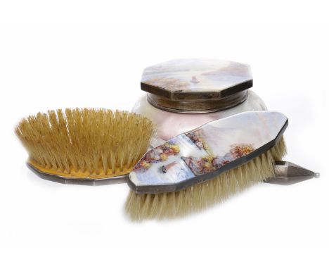 ATTRACTIVE ART DECO THREE PIECE ENAMEL VANITY SET maker Daniel Manufacturing Company, Birmingham 1929/1931, comprising hairbr