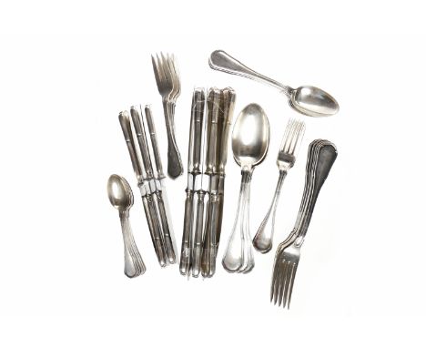 CONTINENTAL SILVER HANDLED CUTLERY SETmarked 800, comprising 6 dessert forks, 5 small forks, 6 table forks, 6 teaspoons, 5 de