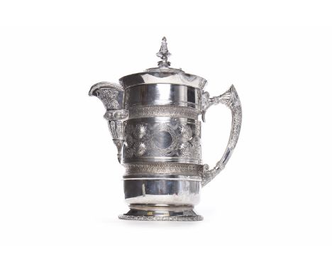 19TH CENTURY AMERICAN SILVER PLATED WINE JUG maker Simpson Hall Miller & Co, with cast foliate spout and handle, with hinged 