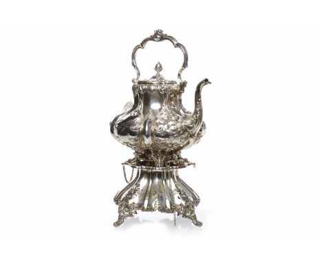 VICTORIAN SILVER PLATED TEA KETTLE ON STAND maker Roberts & Slater, with shaped scroll handle inset with ivory banding, with 