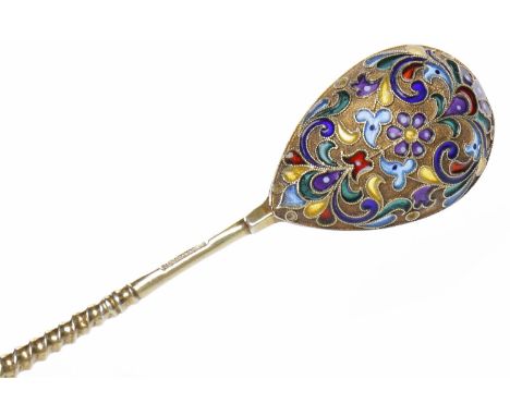 RUSSIAN GILT SILVER AND ENAMEL PLIQUE A JOUR SPOON maker Gustav Klingert, Moscow, assay mark rubbed, c.1890's, Cyrillic inscr