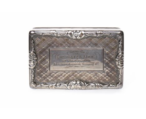 EARLY VICTORIAN SILVER SNUFF BOX maker James Nasmyth, Edinburgh, date letter rubbed, the case with cartouche engraved 'Presen