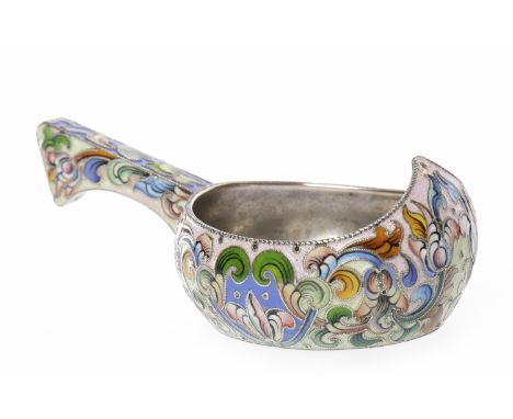 RUSSIAN SILVER AND ENAMEL KVOSHmaker 6th Artel, Moscow, kokoshnik rubbed, intricate shaded enamel foliate design, interior gi