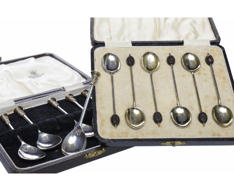 SIX SILVER AND GUILLOCHE ENAMEL COFFEE SPOONSmaker William Suckling Ltd, Birmingham 1928, with coffee bean terminals, each ap