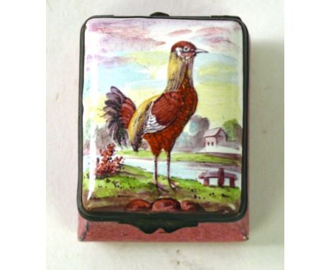 A Bilston enamel snuff box, 19th Century 
The lid decorated with a scene of a cockerel in a naturalistic setting, with sarcop