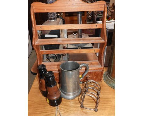 Pine Spice Rack, Pewter Tankard, Binoculars etc 