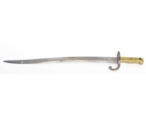 French 1866 pattern chassepot bayonet with yataghan blade, lacking scabbard, stamped "J 10346" to cross guard and marked "Imp