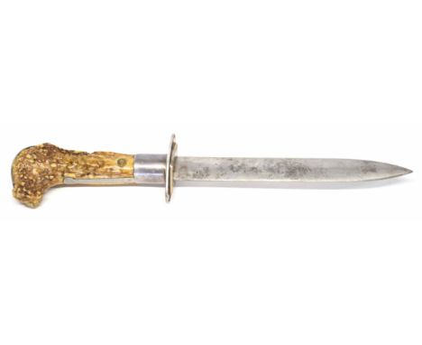 Continental bayonet/hunting dagger with deer antler handle with silver plate pommel, lacking scabbard, overall length 34cm