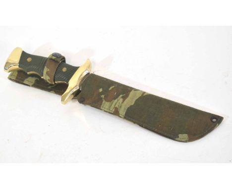 Medium sized modern saw back blade chromed Bowie knife by Falcon, made in Spain, together with large scabbard, overall length