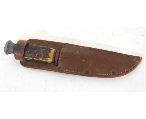 20th century foreign made Eagan small Bowie knife with leather scabbard and antler handle, metal pommel and can opener and co