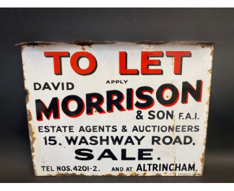 A double sided To Let estate agent enamel sign for David Morrison &amp; Son of Sale, unusually with top hanging flange, by Pr