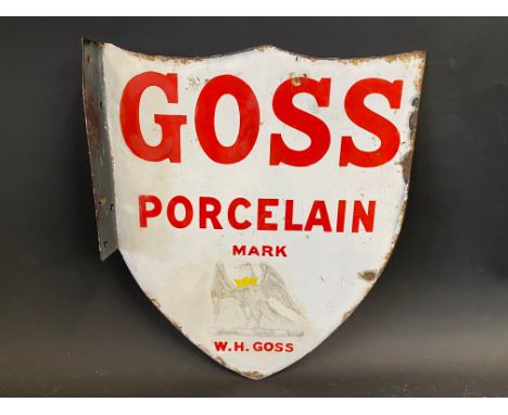 A Goss Porcelain Mark shield-shaped double sided enamel sign with hanging flange, some restoration, 10 x 12". 
