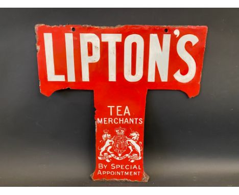A Lipton's Tea die-cut T-shaped double sided enamel advertising sign with restoration, 17 1/2 x 18 1/2". 