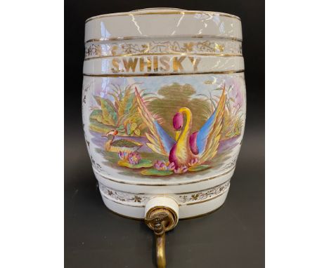 A late Victorian/Edwardian S.Whisky (Scotch Whisky?) barrel bearing a design of a brightly coloured swan with wings outstretc