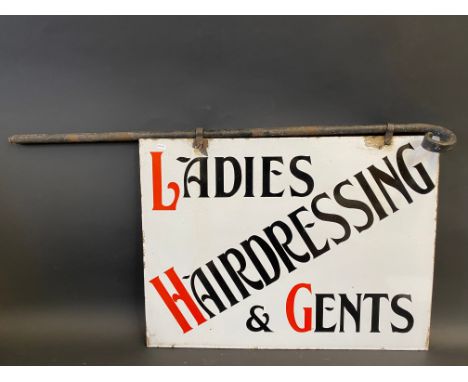 A Ladies &amp; Gents Hairdressing double sided enamel sign on swing pole, 24 x 18" (sign only measurement). 