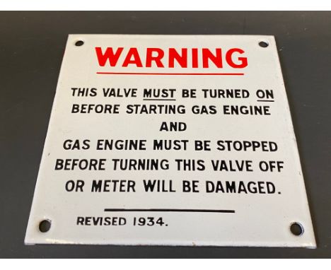 A small Warning enamel sign relating to a gas engine, in excellent condition, by repute from a North Kensington funeral direc