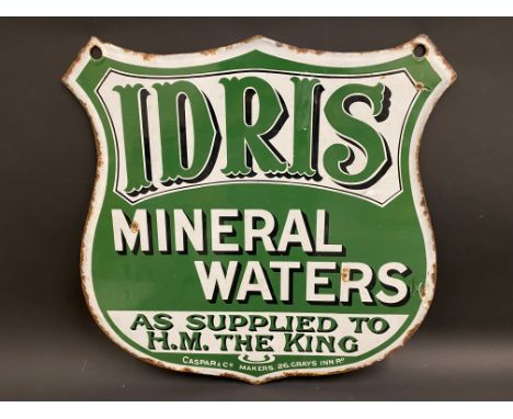 A shield shped double sided enamel sign advertising Idris Mineral Waters 'as supplied to H.M. the King', excellent condition,