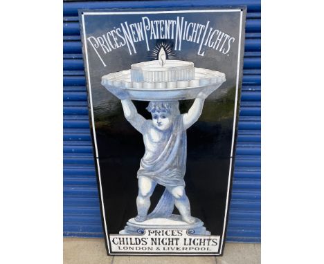 A rare and early Price's New Patent Night Lights rectangular pictorial enamel sign depicting a cherub holding a candle, resto