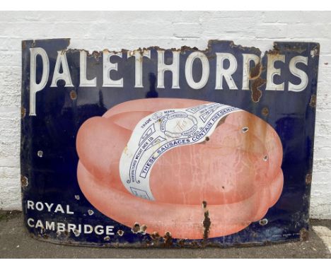 A large Palethorpes' Royal Cambridge sausages pictorial enamel sign, by Imperial Enamel, 72 x 48".