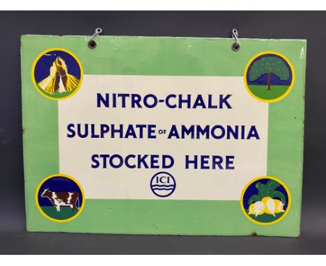 A double sided enamel sign in superb condition advertising ICI Nitro-Chalk Sulphate of Ammonia, with four pictorial areas dep