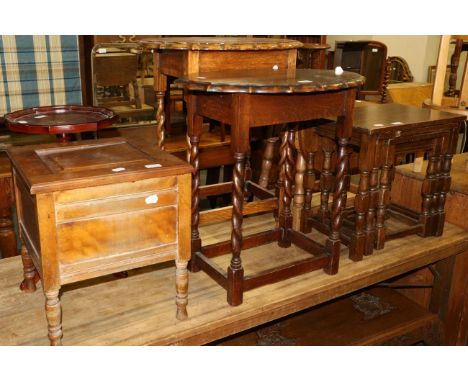 Four various oak occasional tables, a wine table, a mahogany commode, a Chinese carved coffee table and a footstool (8)