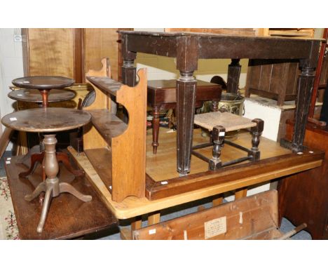 An oak table, an oak fender, rope work stool, a 19th century mahogany baby bath, a brass coal bin, a mahogany toilet mirror, 