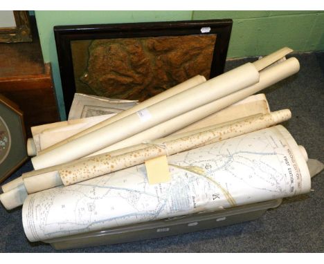 A group of early large scale sheet Ordnance Survey maps, including Cleveland and London; and a relief map of the Lake Distric