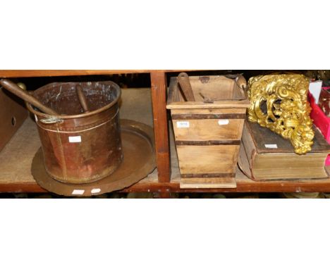 A 19th century copper coal bucket, a square coopered wooed planter, a copper charger, a 19th century leather bound bible and 