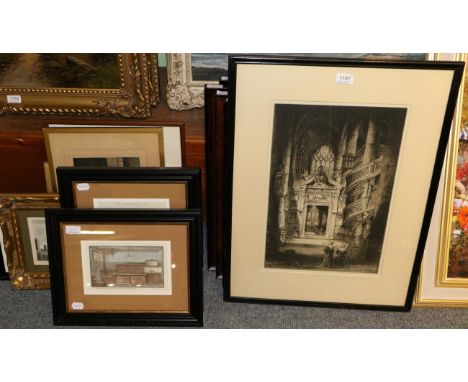Albany Howarth, cathedral interior, etching; a set of five ballooning prints; and a further quantity of reproduction and othe