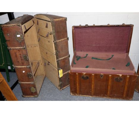 A metal and wooden bound leather steamer trunk, faintly stamped De Marmiesse Toulouse, together with a metal and wooden bound