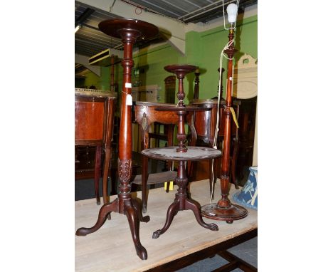 A mahogany tripod jardiniere stand, a small dumb waiter and a standard lamp (3)