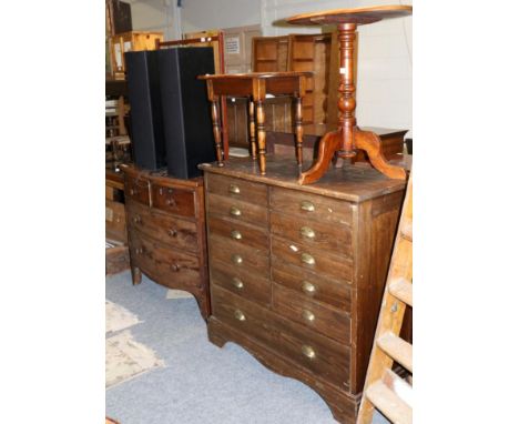 A George III mahogany bow fronted three height chest of drawers, an early 20th century stained pine ticket chest fitted with 