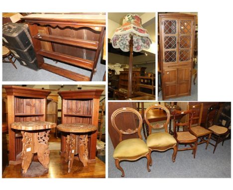 A reproduction demi lune hall table, a pair of small hanging corner cupboards, a pair of early 20th century carved occasional