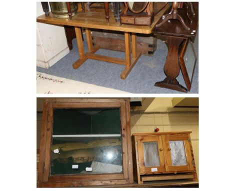 A light oak trestle table, a glazed pine corner cupboard, a pine hutch, small oak side table