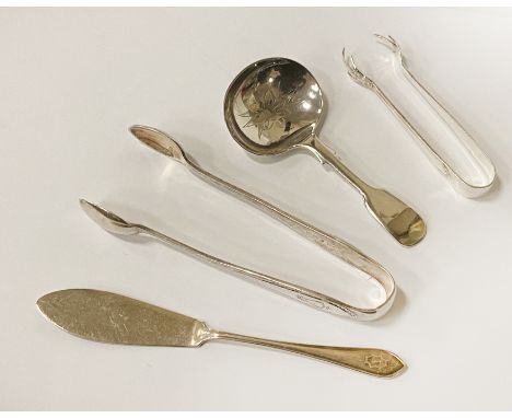 2 H/M SILVER SUGAR TONGS, CADDY SPOON &amp; KNIFE - 2OZS APPROX