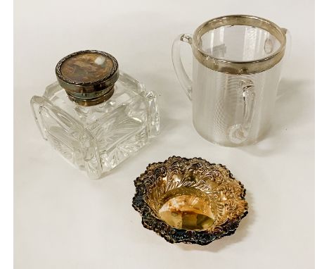 H/M SILVER RIMMED TYG WITH A H/M SILVER INKWELL &amp; 2 PIN DISHES 