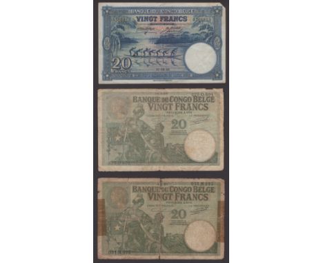 Banque du Congo Belge, 20 Francs (3), 1 February 1929 and 15 September 1937, serial numbers 051N225 and 225O801, also 10 Sept
