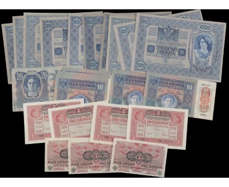 Oesterreichisch-Ungarische Bank, a group comprising 1 Krone (3), 2 Kronen (4), 10 Kronen (6), 20 Kronen, 1000 Kronen (16), al